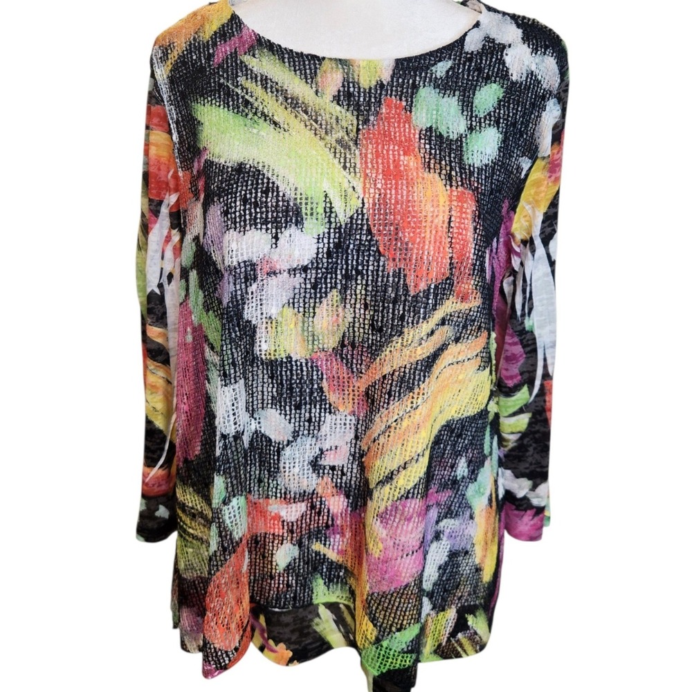 Jess & Jane Abstract Floral Tunic Womens Multi Color Top Medium